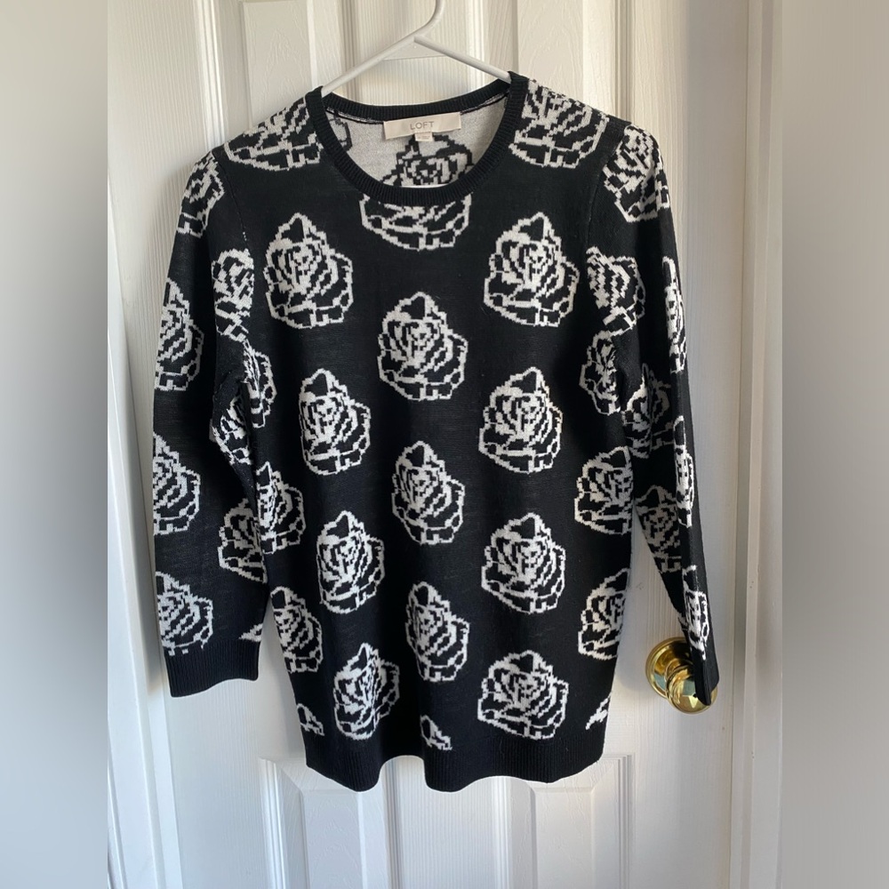 LOFT Crew Neck Black and White Rose Sweater Size S.